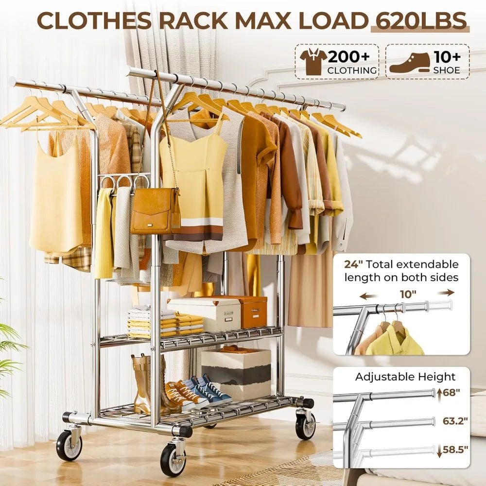Rolling Double Rod Clothing Rack with Shelves – Heavy Duty Coat Rack for Hanging Clothes, 620LBS Load Capacity