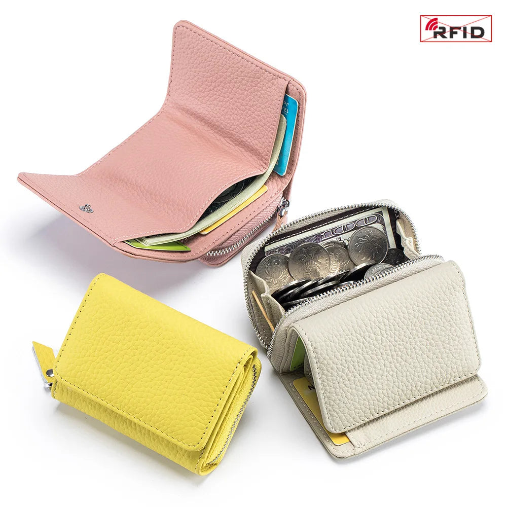 Genuine Leather Women’s Wallet — Small Zipper Coin Purse, Short Cowhide RFID Card & Money Holder, Perfect Gift for Women