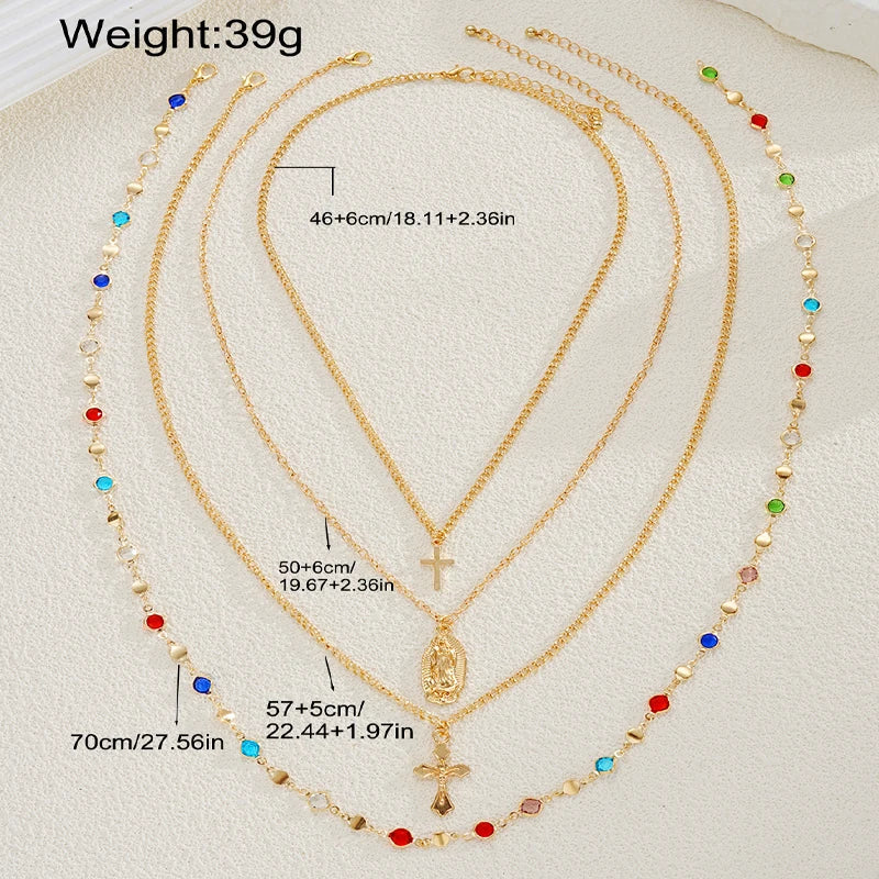 4Pcs Colorful Crystal Necklace Set - Gold & Silver Y-Shaped Pendant Chain Jewelry for Women with Cross Design