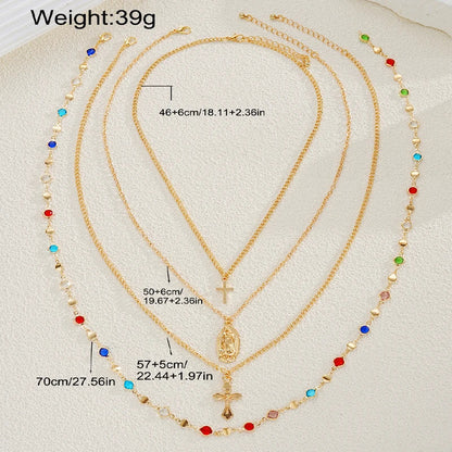 4Pcs Colorful Crystal Necklace Set - Gold & Silver Y-Shaped Pendant Chain Jewelry for Women with Cross Design