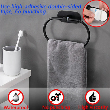 Stainless Steel Self-Adhesive Towel Holder – Black Bathroom & Kitchen Rack, Washhand Hanger Ring Bar