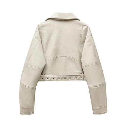 RARF 2024 Women's Washed Leather Jacket – Coal Gray Short Coat with Belt, Vintage Lapel & Zipper