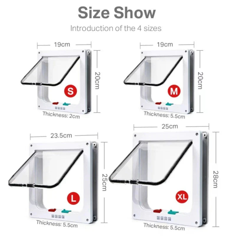 4 Way Security Lock Cat Flap Door: Controllable Switch, Transparent ABS Plastic Gate - Puppy Kitten Safety In&Out Pet Doors Kit