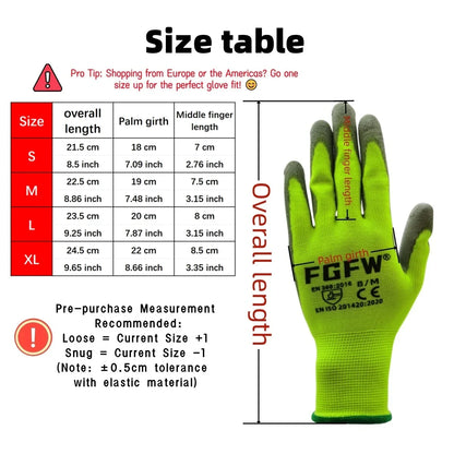 10-Pair PU Coated Work Gloves - Lightweight Durable Safety Gloves, EN 388 & ISO 20471 Certified, S–XL