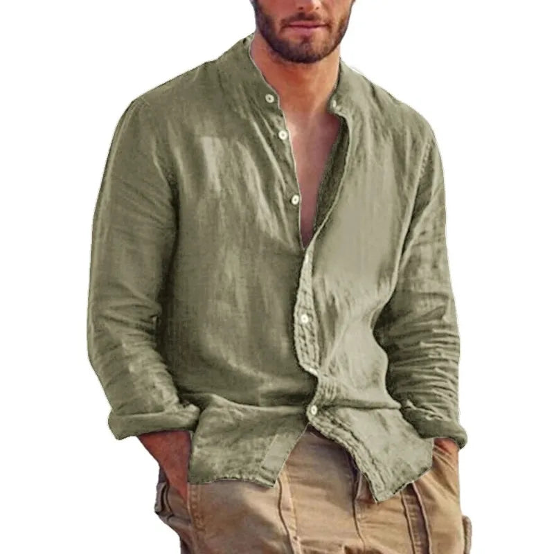 Men's Linen Stand Collar Shirt - Lightweight Breathable Long Sleeve Casual Shirt