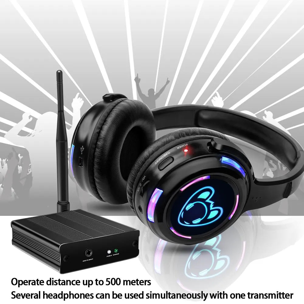 Silent Disco Wireless Headphones Bundle with RF LED Transmitter – 500M Range for DJ, iPod, MP3, Party, Club