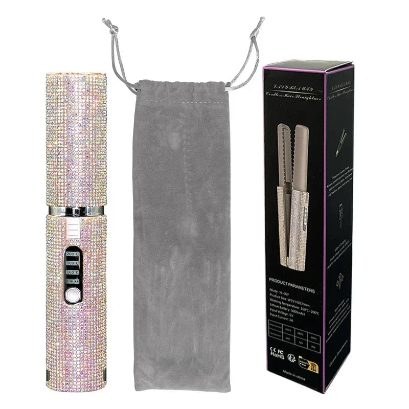 2-in-1 Wireless Hair Straightener & Curler – USB Rechargeable Diamond Design Styling Brush for Travel & Home