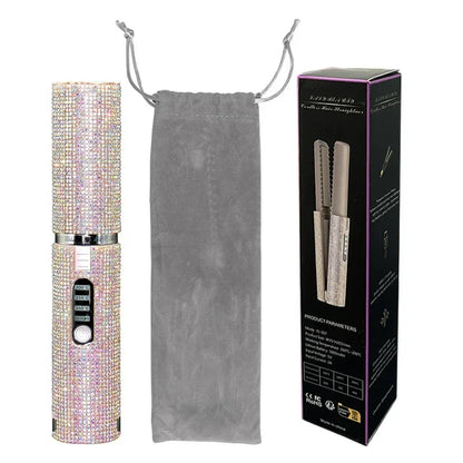 2-in-1 Wireless Hair Straightener & Curler – USB Rechargeable Diamond Design Styling Brush for Travel & Home