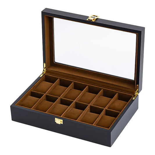 Handmade Wood Watch Box — 6/10/12 Grid Display Case & Jewelry Holder, Organizer for Watches Storage