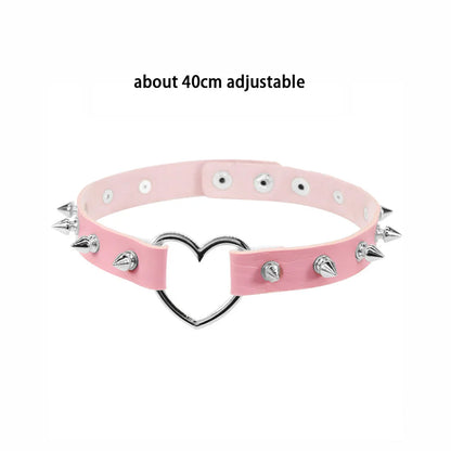 Pink Gothic Collar Necklace – Trendy Rock Leather Heart with Rivets, Harajuku Punk Choker Jewelry for Women, Gift Idea