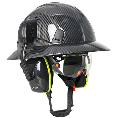 CE Full Brim Safety Helmet - HDPE Construction Hard Hat with Built-In Goggles & Earmuffs