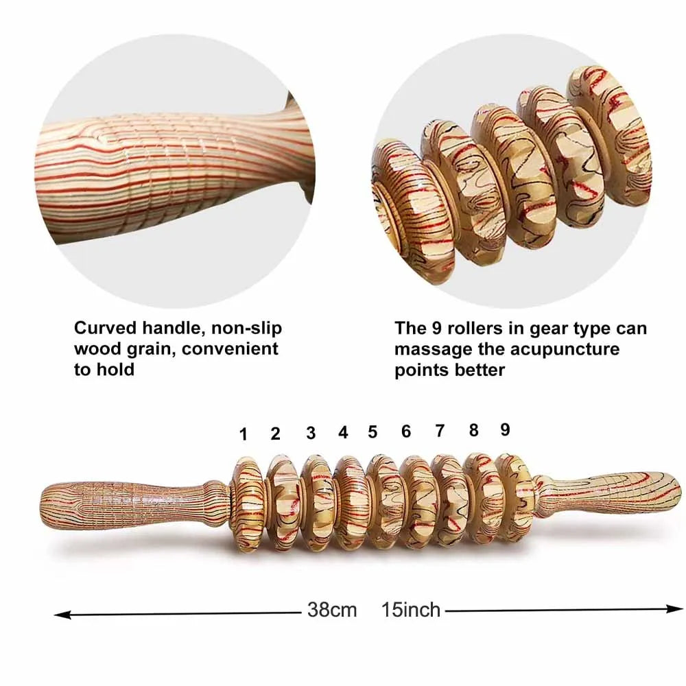 9-Roller Wooden Massage Stick – Handheld Manual Massager for Cellulite & Muscle Pain Relief