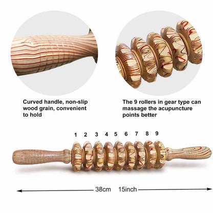 9-Roller Wooden Massage Stick – Handheld Manual Massager for Cellulite & Muscle Pain Relief