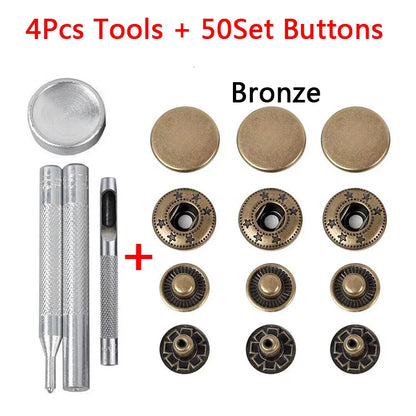 50 Sets Leather Snap Fasteners Kit – 10mm/12mm/15mm Metal Press Studs with 4 Tools for DIY Clothes & Crafts