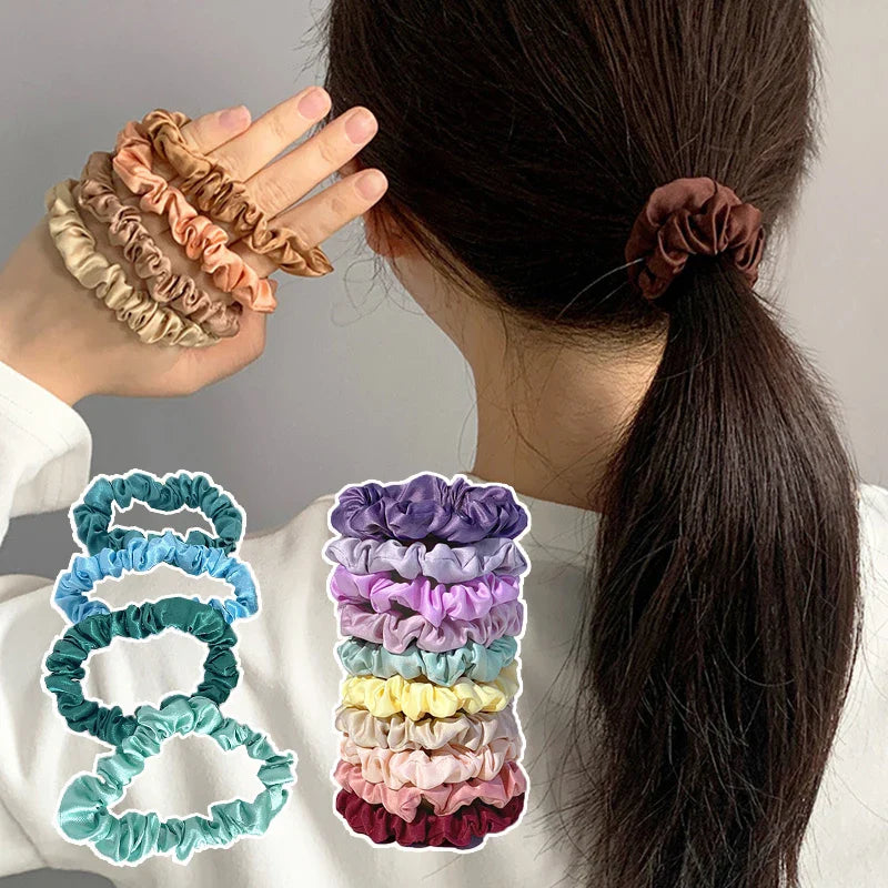 10pcs Satin Hair Scrunchies Set – Colorful Women’s & Girls’ Hair Bands, Soft Fabric Hair Ties