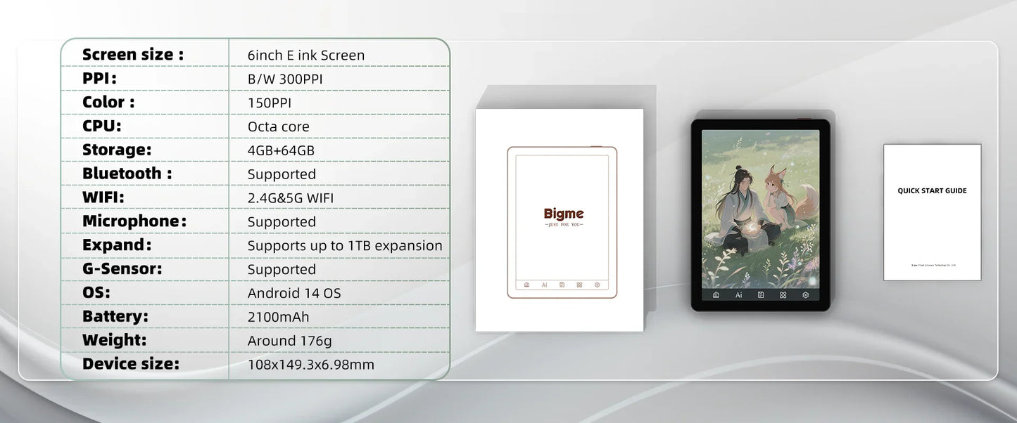 Bigme B6 6" E-Book Reader – E-Ink Display, 36-Level Front Light, Android 14, 4+64GB, Google Play