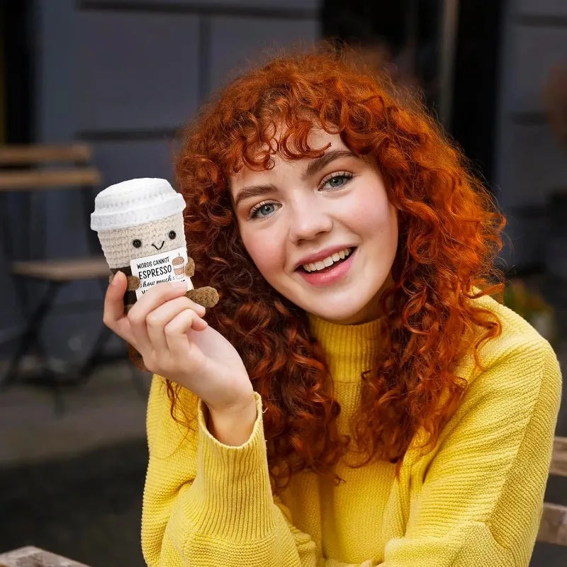 Handmade Crochet Coffee Doll – Funny Emotional Support Desktop Ornament & Christmas Gift