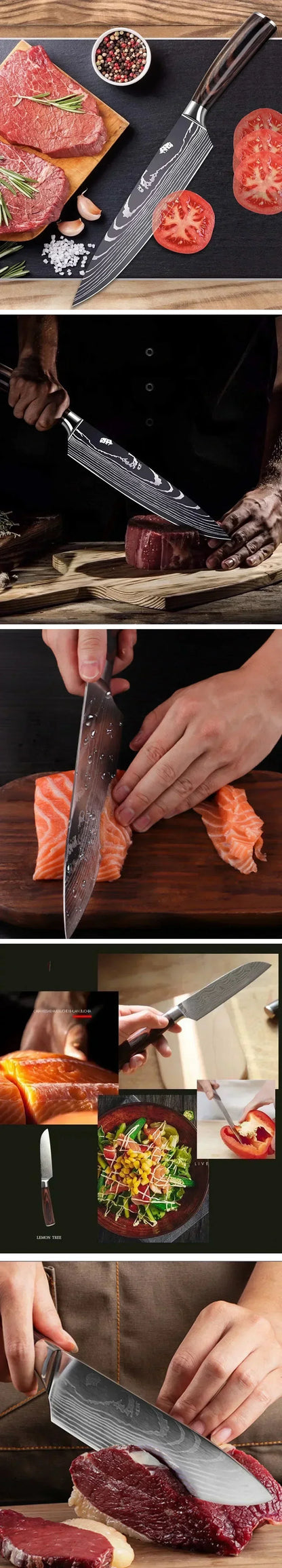 Laser Damascus Kitchen Knife Set – Cleaver, Meat, Fruit, Bread, Boning Knife and Chicken Scissors for Barbecue and Home Cooking