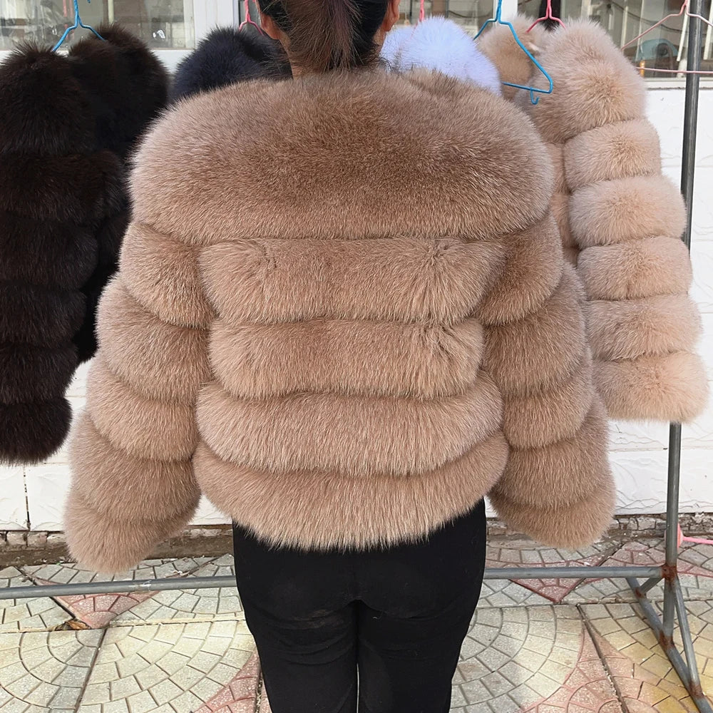 QUEENTINA Women’s Real Fox Fur Coat – Brown Leather & Skin Winter Fashion Outerwear 2025