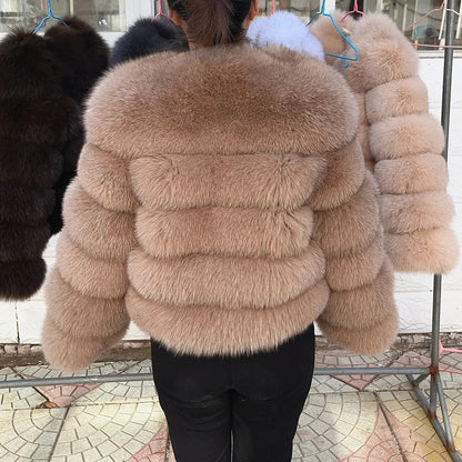 QUEENTINA Women’s Real Fox Fur Coat – Brown Leather & Skin Winter Fashion Outerwear 2025