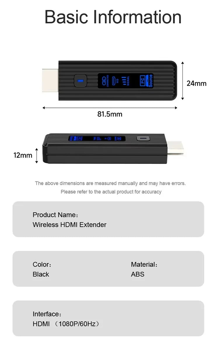 Wireless HDMI Video Transmitter & Receiver Extender Kit – TV Stick Dongle Adapter for PC, Camera, Laptop to Projector, Monitor & TV