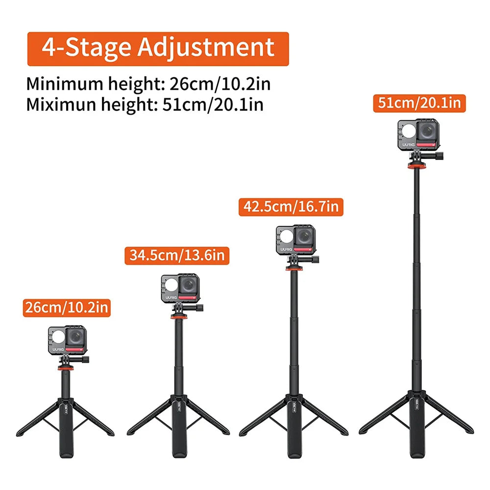 Aluminum Extendable Selfie Stick Tripod – Mini Portable Vlog Tripod for GoPro Hero 12-6, Osmo Action, Insta360 One R & X3