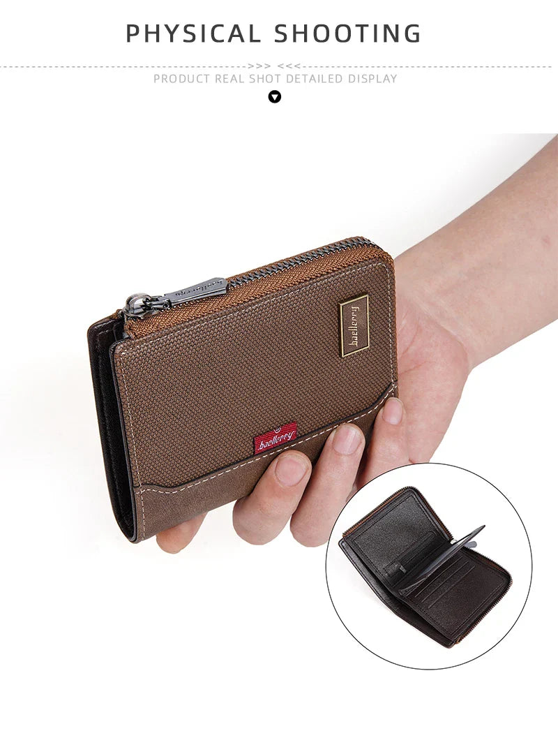 Baellerry RFID Short Men’s Wallet — Luxury Zipper Card Holder with Coin Pocket & Photo Slots
