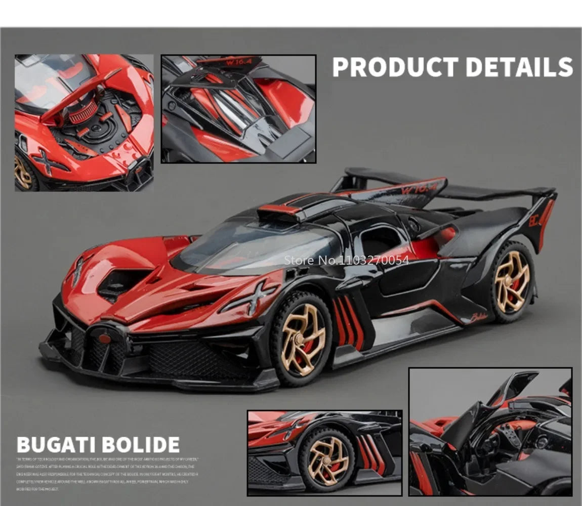 1/32 Bugatti Bolide Alloy Sports Car Model — Diecast Metal Vehicle with Sound & Light, Pull-Back Toy for Boys