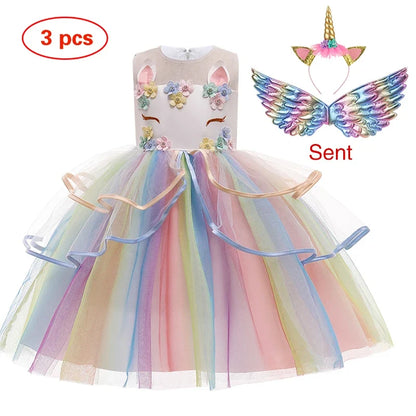 Girls’ Unicorn Princess Dress - Flower Cake Costume for Carnival, Halloween & Performances Ages 1–10