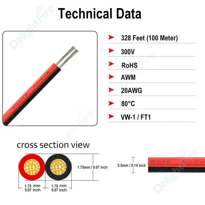2-PIN Electrical Wire – Tinned Copper PVC Insulated Red & Black Cable for LED Strip Light Extension, 18/26/28 AWG
