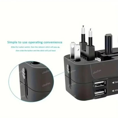 All-in-One Foldable Universal Travel Adapter – EU, UK, US, AU Power Charger with Dual USB 2.1A Ports and Outlet Converter Socket