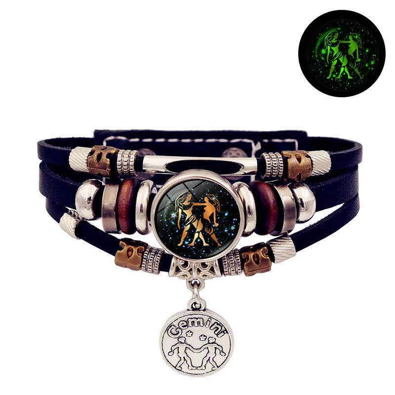 Luminous 12 Constellation Vintage Bracelet - Braided Punk Leather Glow-in-the-Dark for Men & Women, Birthday Gift