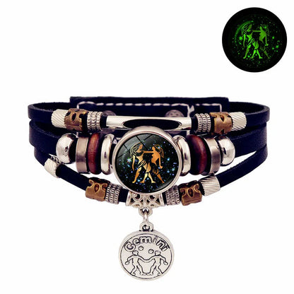 Luminous 12 Constellation Vintage Bracelet - Braided Punk Leather Glow-in-the-Dark for Men & Women, Birthday Gift