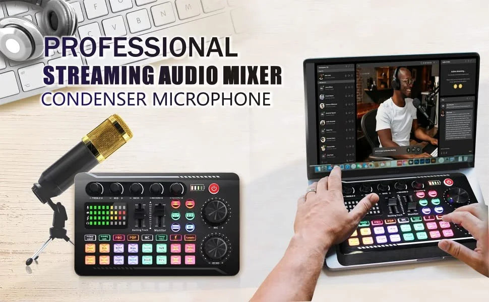 DJ Studio Sound Card Kit – Microphone, Mixer Console & Cables for Live Voice, Phone & Computer F998