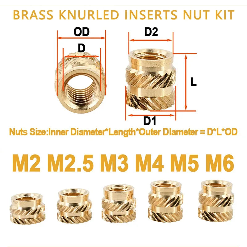 Brass Threaded Insert Nut Kit M2–M8 – Heat Set Knurled Copper Nuts for 3D Printing & Plastic Injection