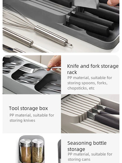 Kitchen Drawer Cutlery Organizer – Knife, Spoon & Fork Storage Tray with Spice Bottle Holder