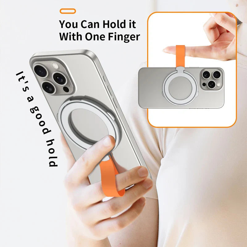 MagSafe Magnetic Ring Phone Holder – Silicone Cord Rotating Kickstand for iPhone 15, 14, 13, 12 Series, Alloy Buckle Stand