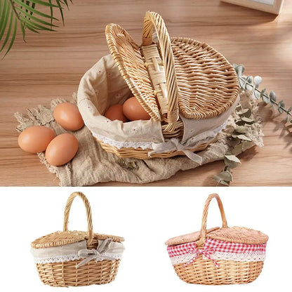 Handmade Wicker Picnic Basket with Handle – Multi-Purpose Willow Woven Storage Hamper for Outdoor Camping and Fruit