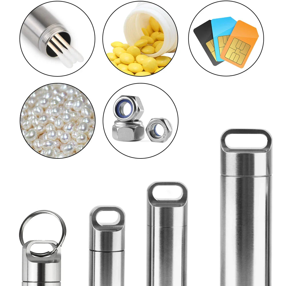Stainless Steel Mini Pill Storage Box — S/M/L Waterproof Medicine Case with Keychain Seal Rings, Portable First Aid & Camping Pendant