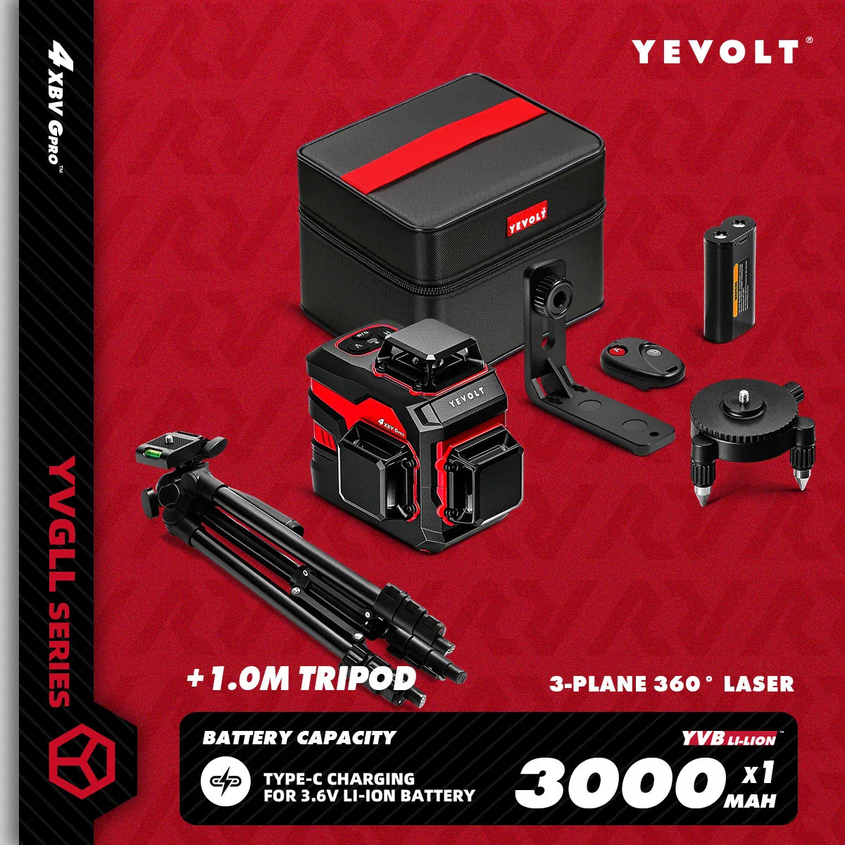 YEVOLT YVGLL4XS12 12-Line Green Laser Level – ±0.2mm/m Precision, IP54 Waterproof, Auto-Leveling with Slope Mode