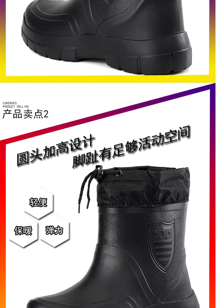 Winter Windproof Cotton Rain Boots for Men, Warm Waterproof Ankle Rain Shoes, Slip-On Fashion Work Boots, 2024