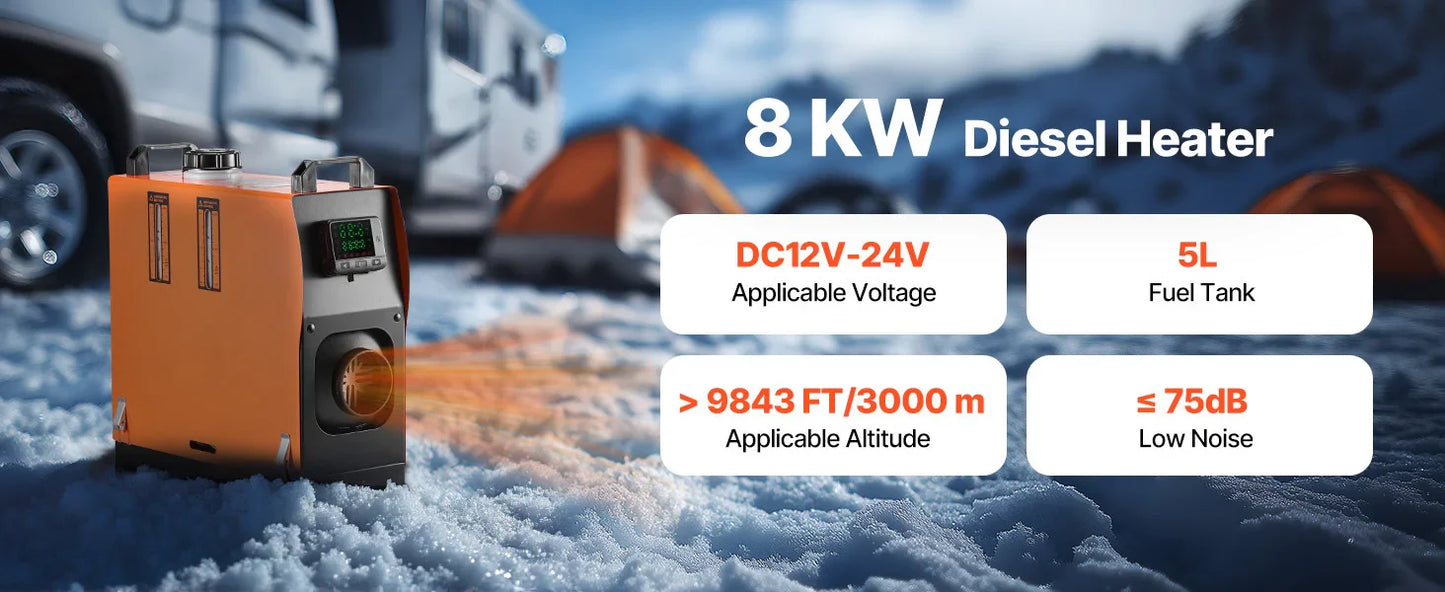 SucceBuy 8KW Diesel Air Heater — DC12-24V Parking Heater with Remote, Digital Display & Low-Noise Voice Alert for RV