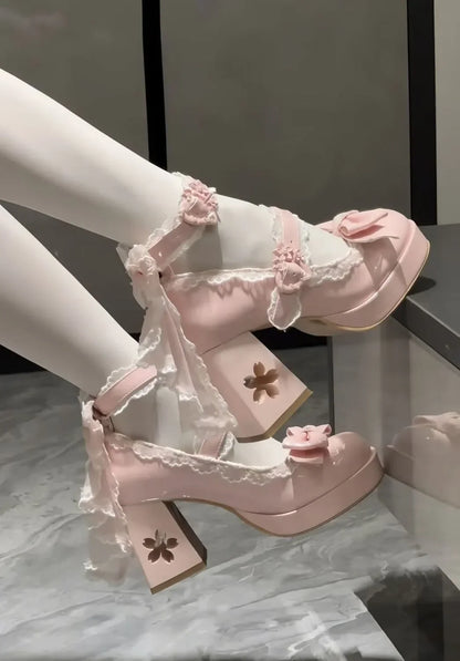 Lolita Butterfly Knot High Heels – Cute Platform Mary Jane Shoes for Girls, Students & Sakura Wedding Dress