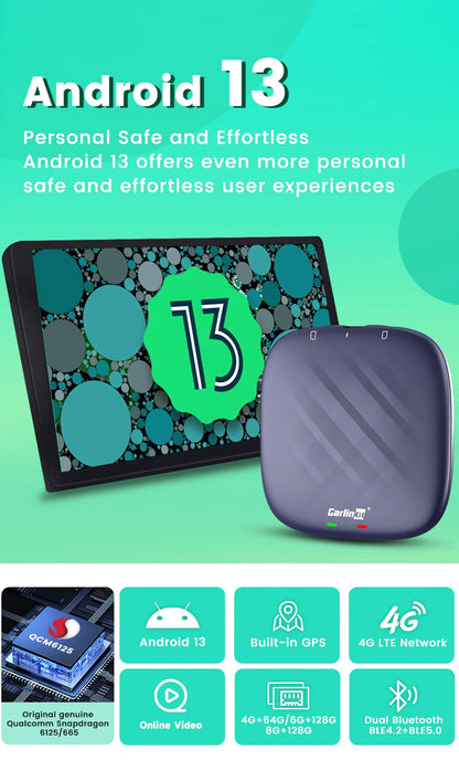 Carlinkit CarPlay AI TV Box Plus — Android 13, 8+128GB, 8-Core QCM6656125, Wireless CarPlay & Android Auto with YouTube, Netflix, 4G LTE