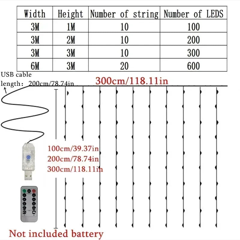 Christmas Fairy Garland Lights - USB LED Curtain String Lights with Remote Control 8 Modes for Home Wedding Bedroom Decoration