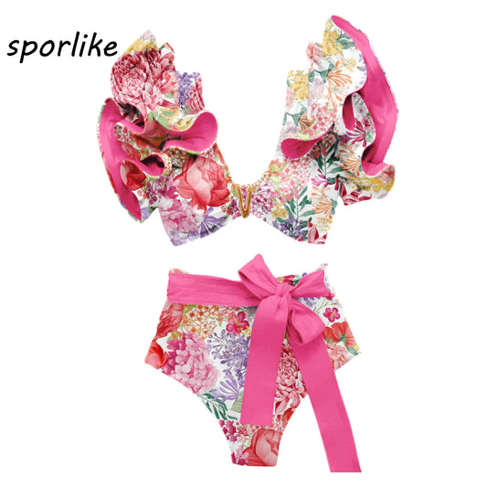 Sporlike V-Neck Ruffled Bikini Set – High Waist Sexy Printed Two-Piece Swimsuit for Women 2025