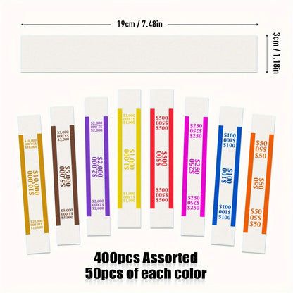 400pcs Assorted Money Bands – Self-Sealing Bill Straps for Cash Binding, Currency Organization & Fake Clinton Band