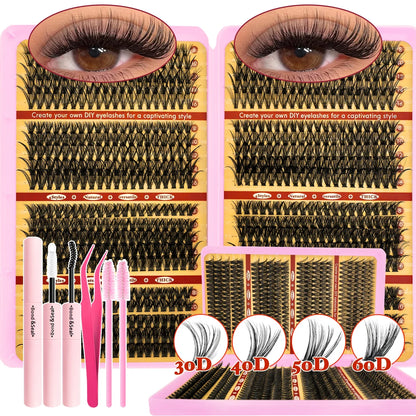 720/200pcs Eyelash Extension Kit – Fluffy Wispy Lash Clusters with Bond & Seal, Tweezers & Tools for Thick Volume DIY Lash Extensions