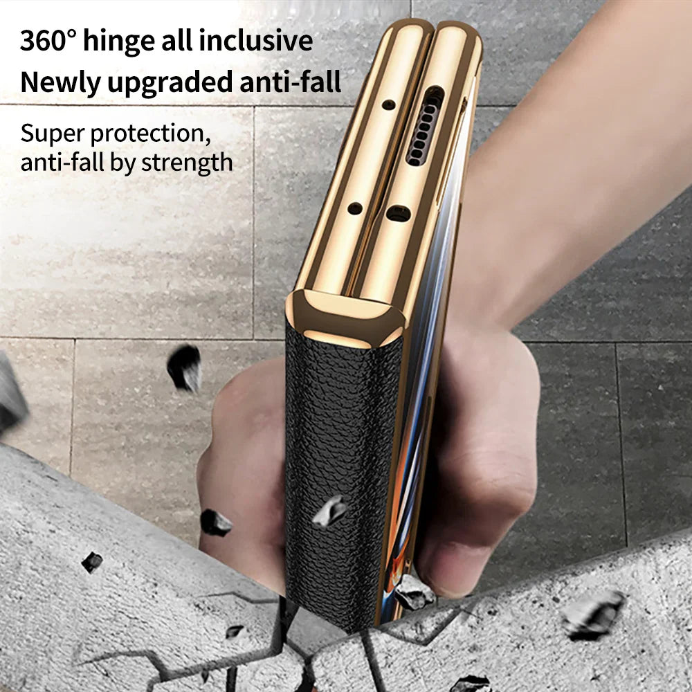 LANGSIDI Leather Case for Samsung Galaxy Z Fold 6/5/4/3 – Gold Plated Magnetic Hinge Cover with Mirror Film & Stand