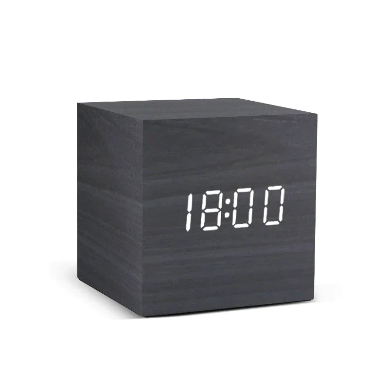 Wooden Digital Alarm Clock – LED Desktop Clock with Temperature Display, Sound Control, USB/AAA Powered Bedside Clock